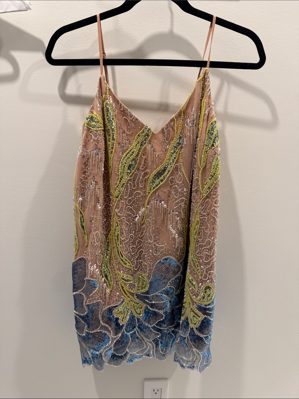 Embellished Beaded Mini Slip Dress in Nude with Blue & Lime Accent